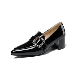 Rhinestone Chunky Heel Slip-On Shoes - Women's Comfortable Pointed Toe Heels