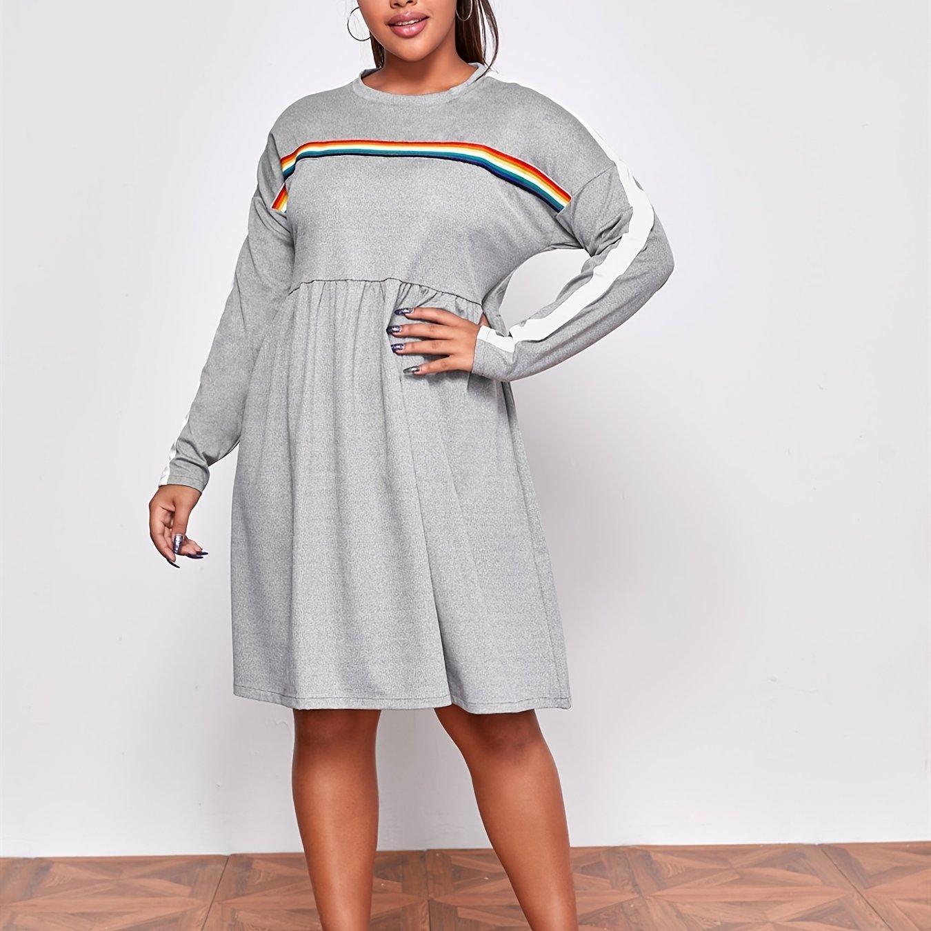  Rainbow Striped Midi Tee Dress Women's Plus Stretch Sporty Tee Dress