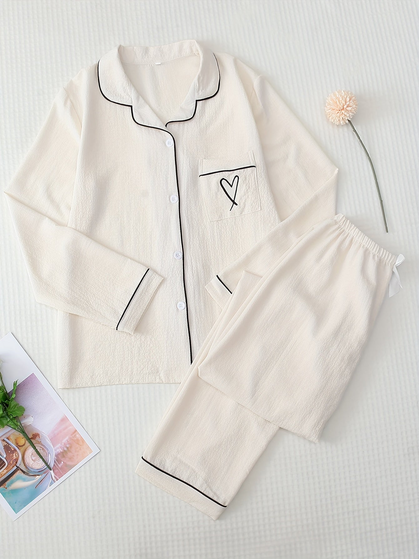 Heart Print Pajama Set Long Sleeve Buttons Top & Elastic Waistband Pants Women