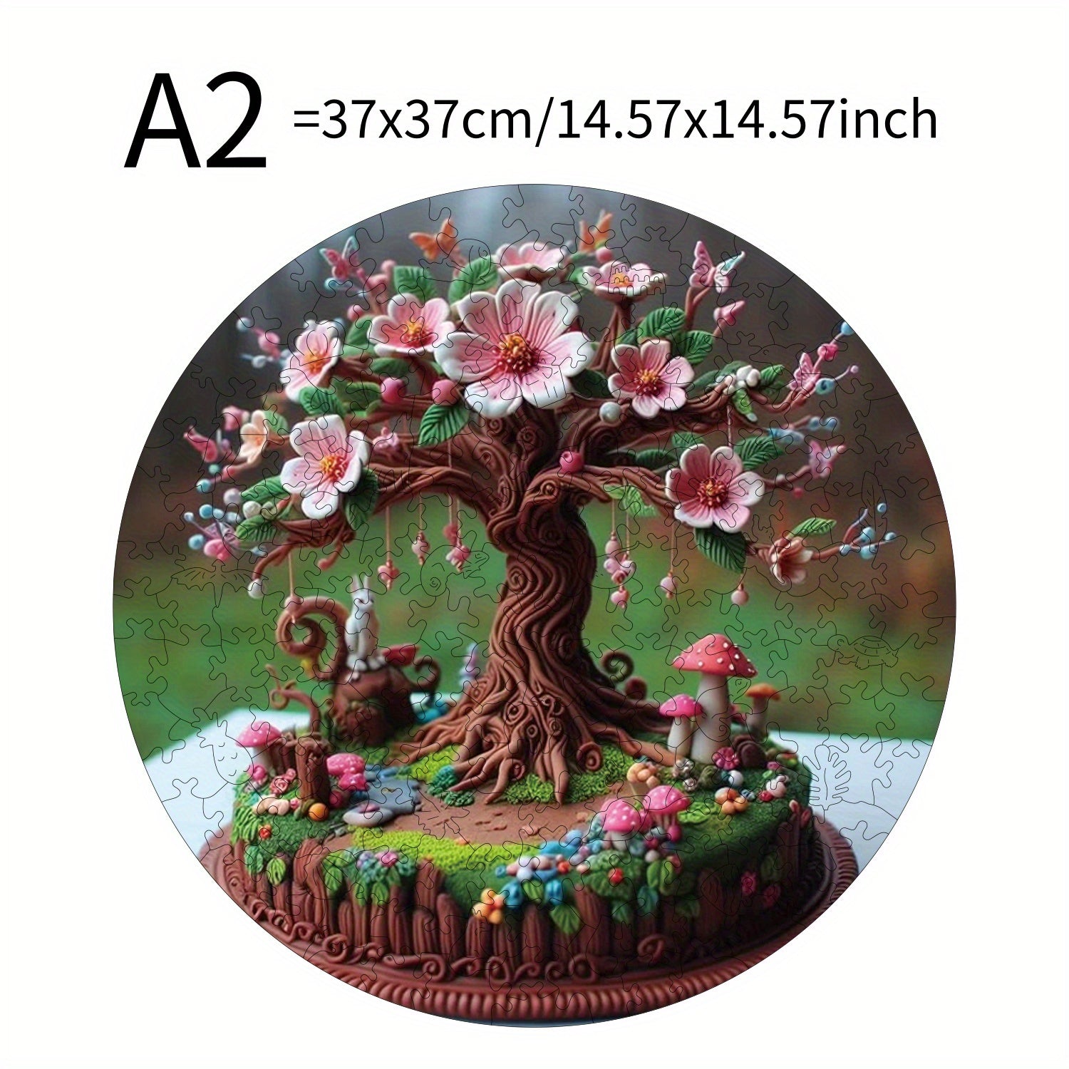 Plywood Puzzle 500 Pieces Vibrant Peach Tree with Mushrooms & Flowers