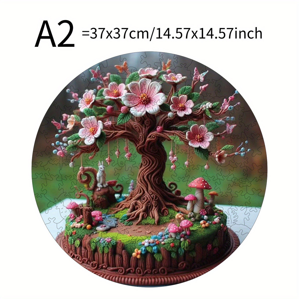 Plywood Puzzle 500 Pieces Vibrant Peach Tree with Mushrooms & Flowers