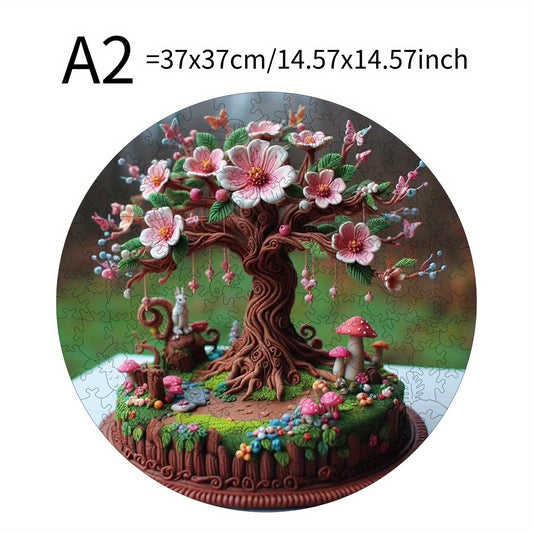 Plywood Puzzle 500 Pieces Vibrant Peach Tree with Mushrooms & Flowers