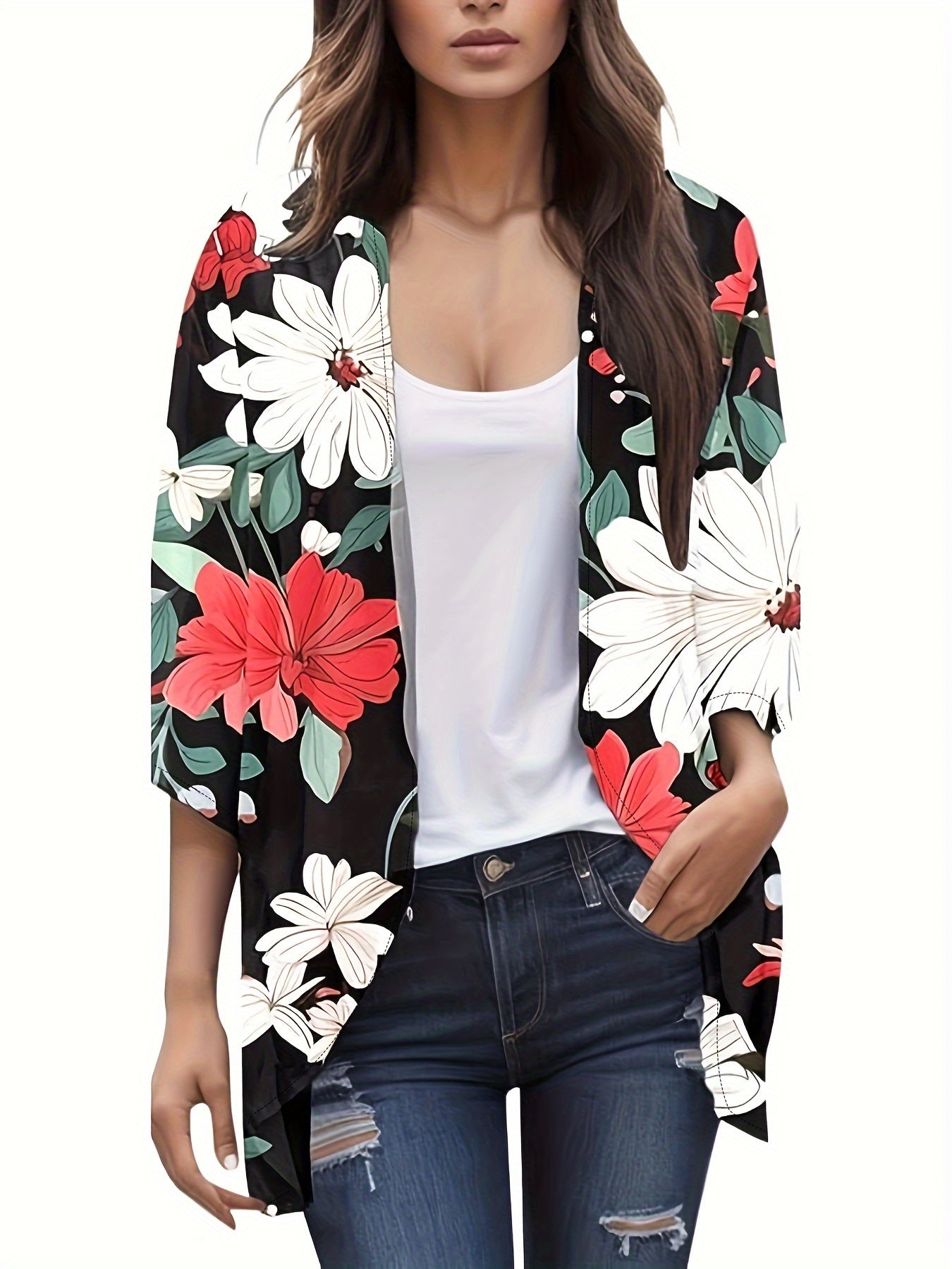  Floral Print Open Front Cardigan