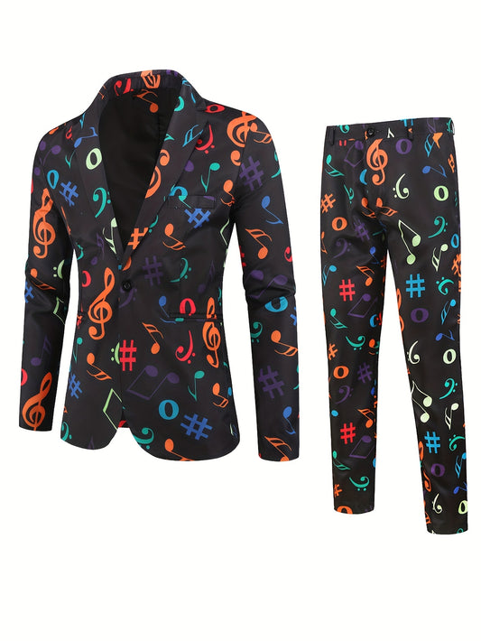Print Suit Set Men's One Button Lapel Jacket & Pants Suit Set