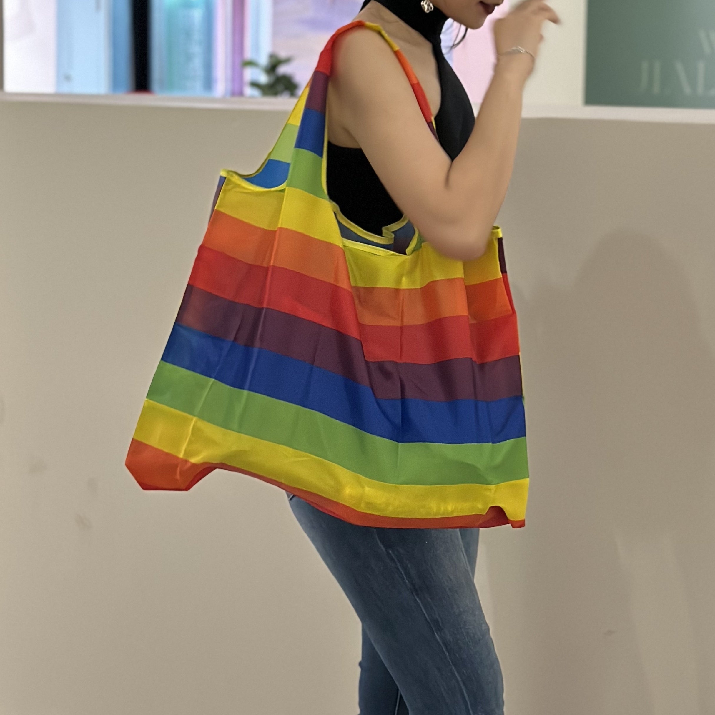 Rainbow Striped Shopping Tote Bag Foldable Portable Reusable Grocery Bag