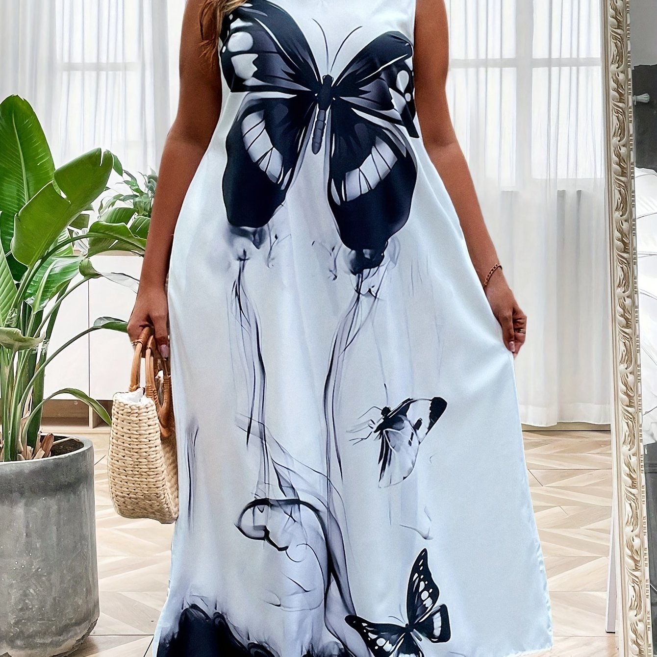  Casual Butterfly Print Notched Neck Stretch Maxi Dress