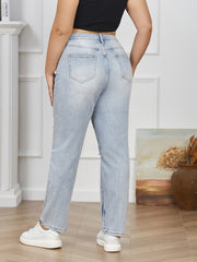  Solid Ripped Button Fly High Rise Stretch Straight Leg Jeans