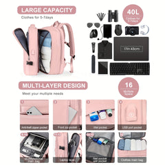Expandable Travel Backpack Carry on Weekender Luggage Bag With USB Charging Port