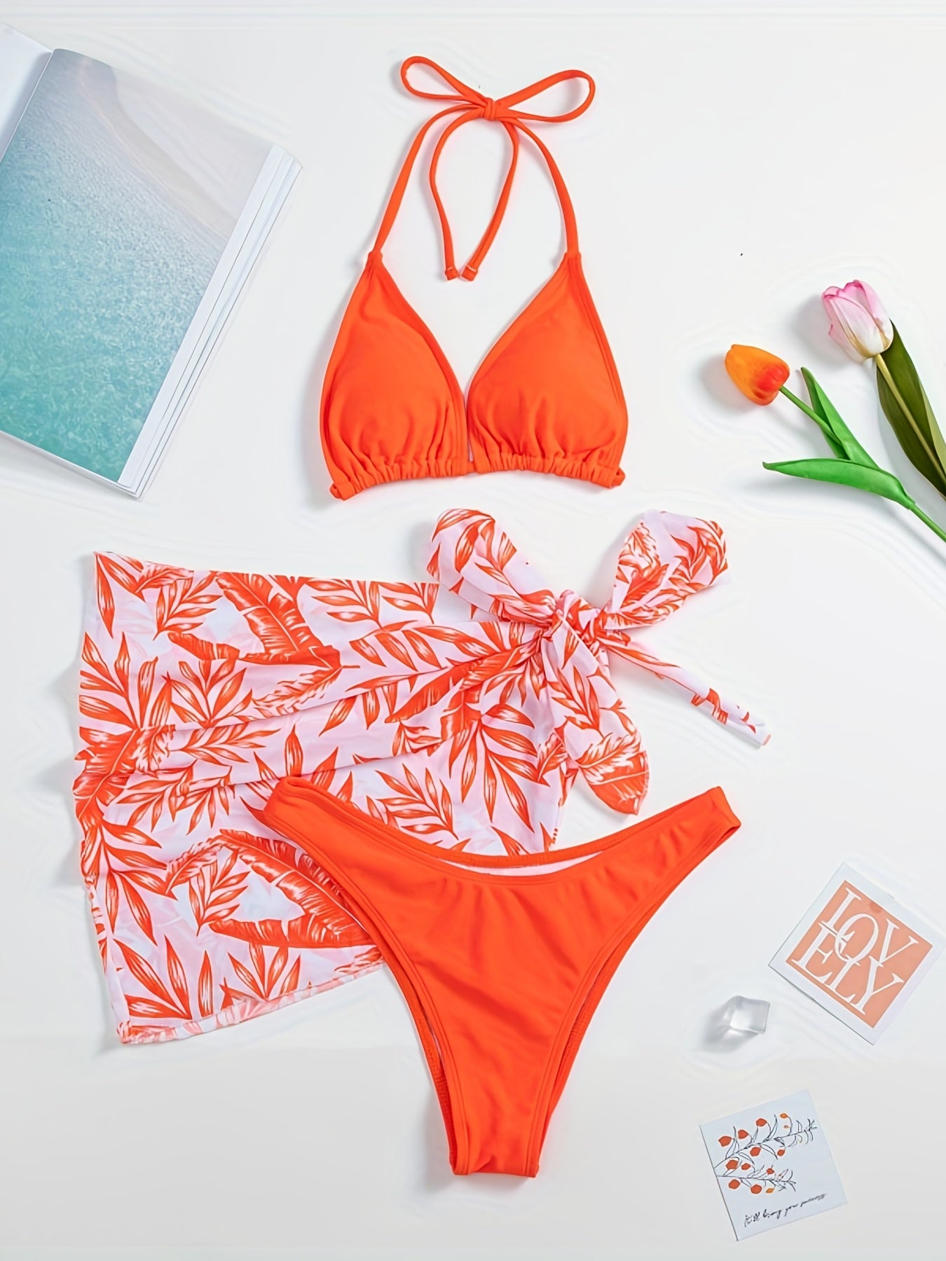 Leaf Print Bikini Set With Cover Up