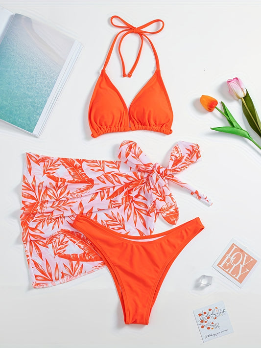 Leaf Print Bikini Set With Cover Up
