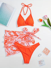 Leaf Print Bikini Set With Cover Up