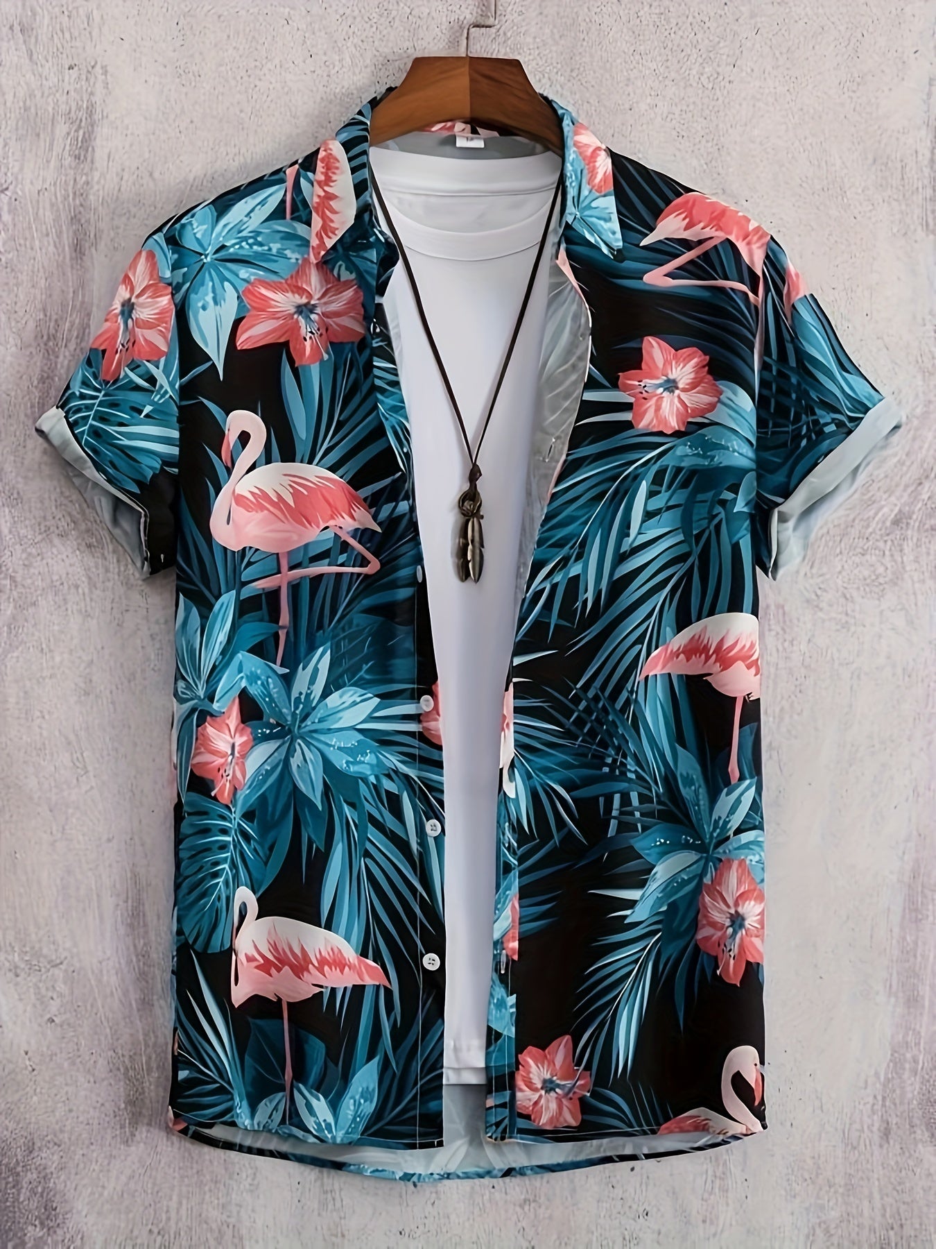 Flamingo Print Men s Casual Short Sleeve Hawaiian Shirt