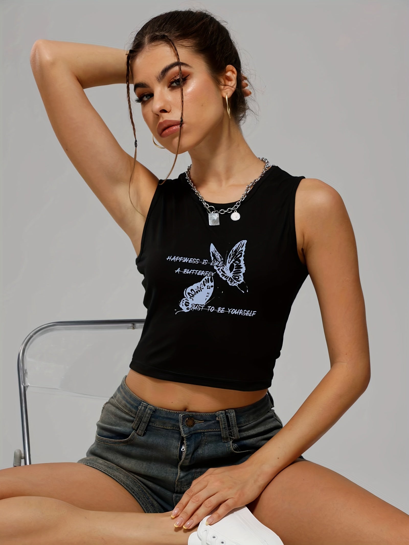 Butterfly Print Sleeveless Crop Top