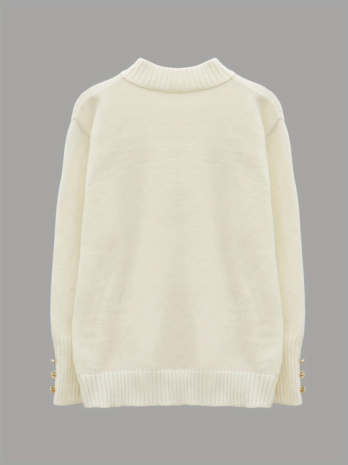  Solid Button Decor Round Neck Sweater