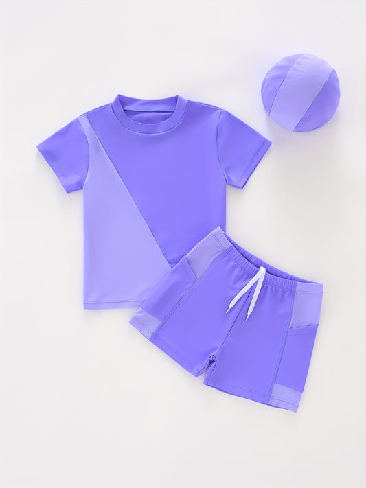 Girl's 3pcs Swimsuit Set T shirt Swim Trunks Cap Beach Vacation Surfing