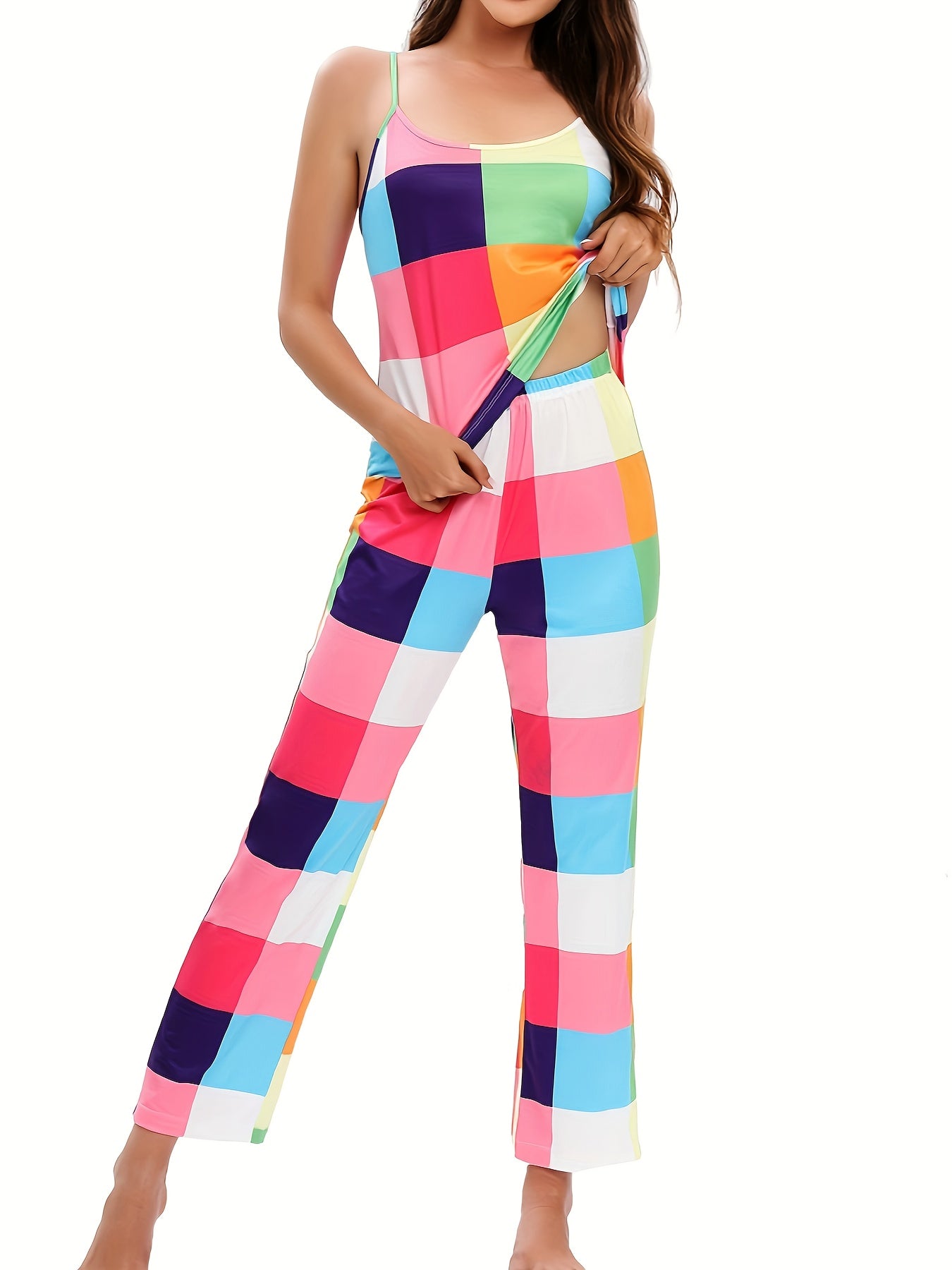 Plaid Lounge Set Crew Neck Cami Top & Pants Women's Loungewear