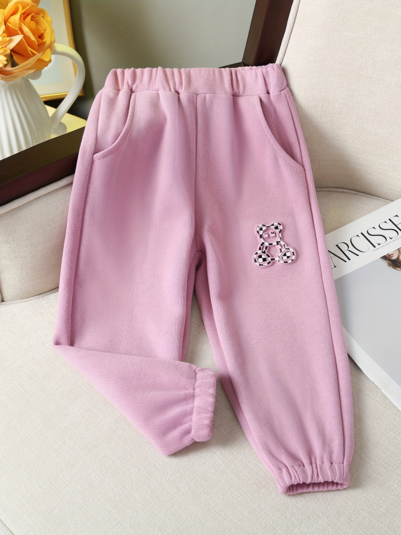 Girls' Bear Embossed Jogger Sweatpants with Pockets