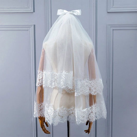 Puffy Headdress Lace Bridal Veil with Comb Satin Bowknot Veil