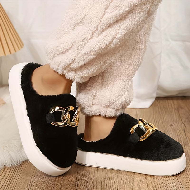 Women's Fluffy Platform Slippers with Chain Detail