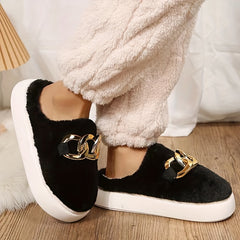 Women's Fluffy Platform Slippers with Chain Detail