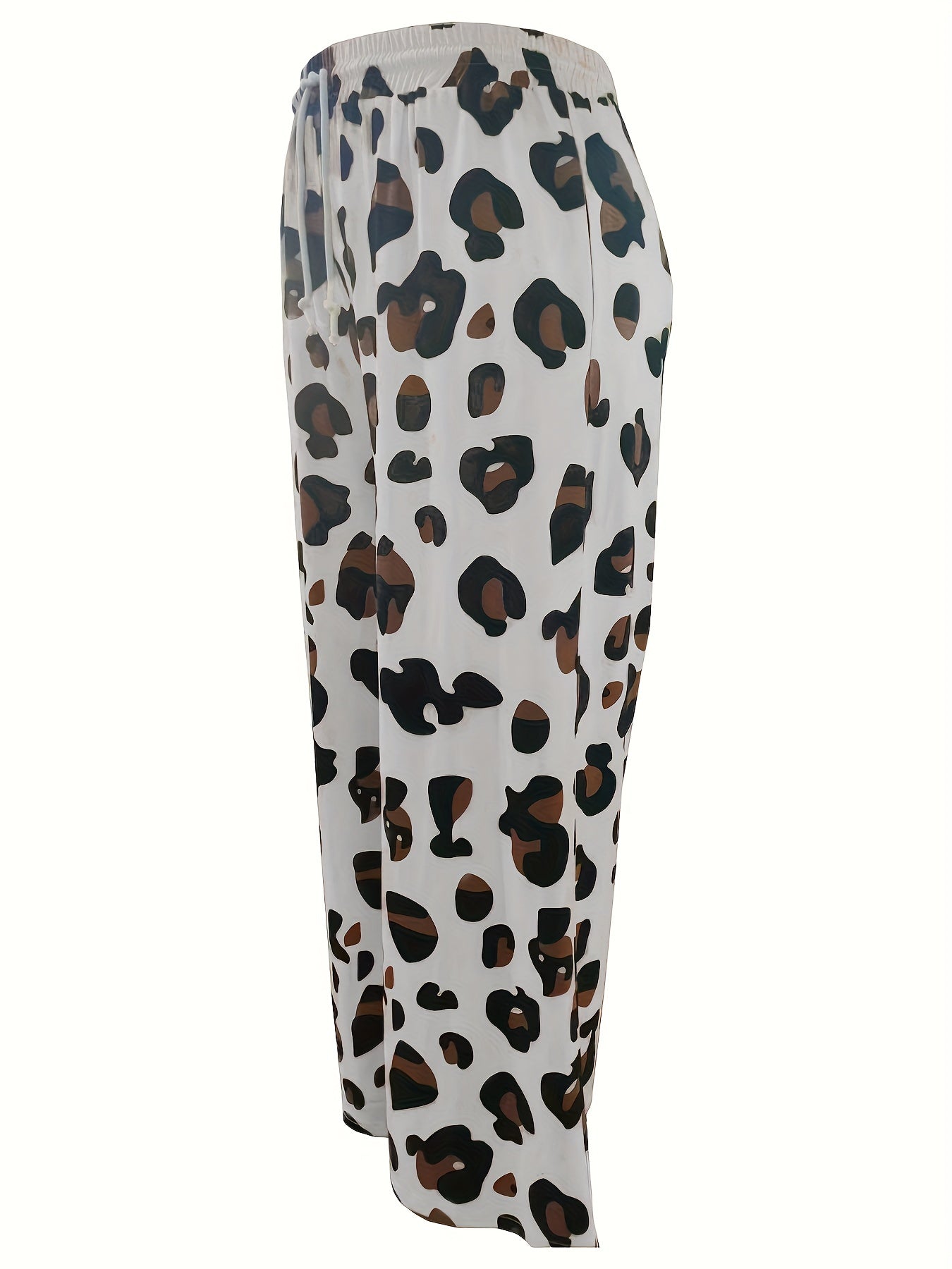  Leopard Print Drawstring Waist Wide Leg Trousers