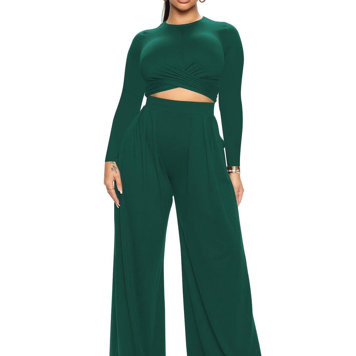Solid Two Piece Set Crop Top & Wide Leg Pants Outfits Women's Clothing