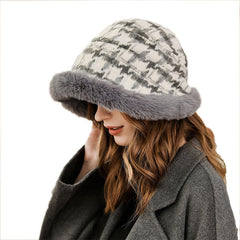 Winter Thick Warm Bucket Hat Plaid Fur Irregular Brim Fisherman Cap
