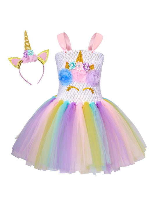 Unicorn Flowers Tutu Puffy Dress & Sequin Headband Set for Kids