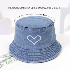 Denim Washed Bucket Hat Love Embroidery Fisherman Cap UV Protection Sun Hat
