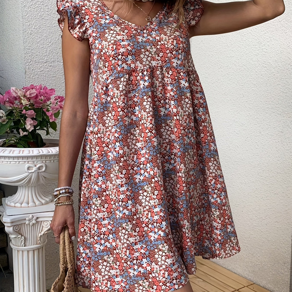 Floral Print Dress Ruffle Trim V Neck Sleeveless Boho Dress