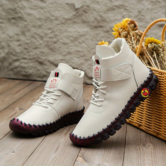 Women's Lace Up Faux Leather Boots Plush Lined Stylish Hook & Loop