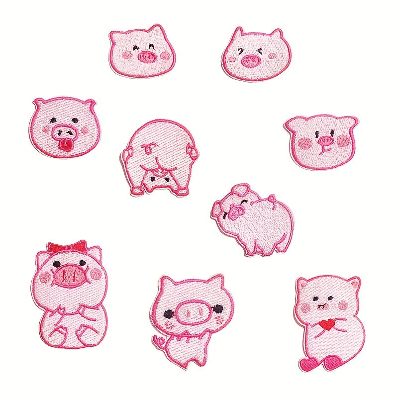 9pcs Pink Piglet Iron On Patches For Girls Sew On Embroidered Applique