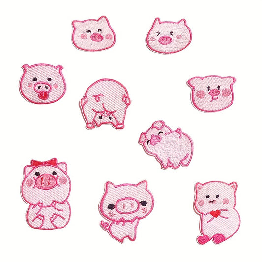 9pcs Pink Piglet Iron On Patches For Girls Sew On Embroidered Applique