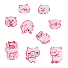 9pcs Pink Piglet Iron On Patches For Girls Sew On Embroidered Applique