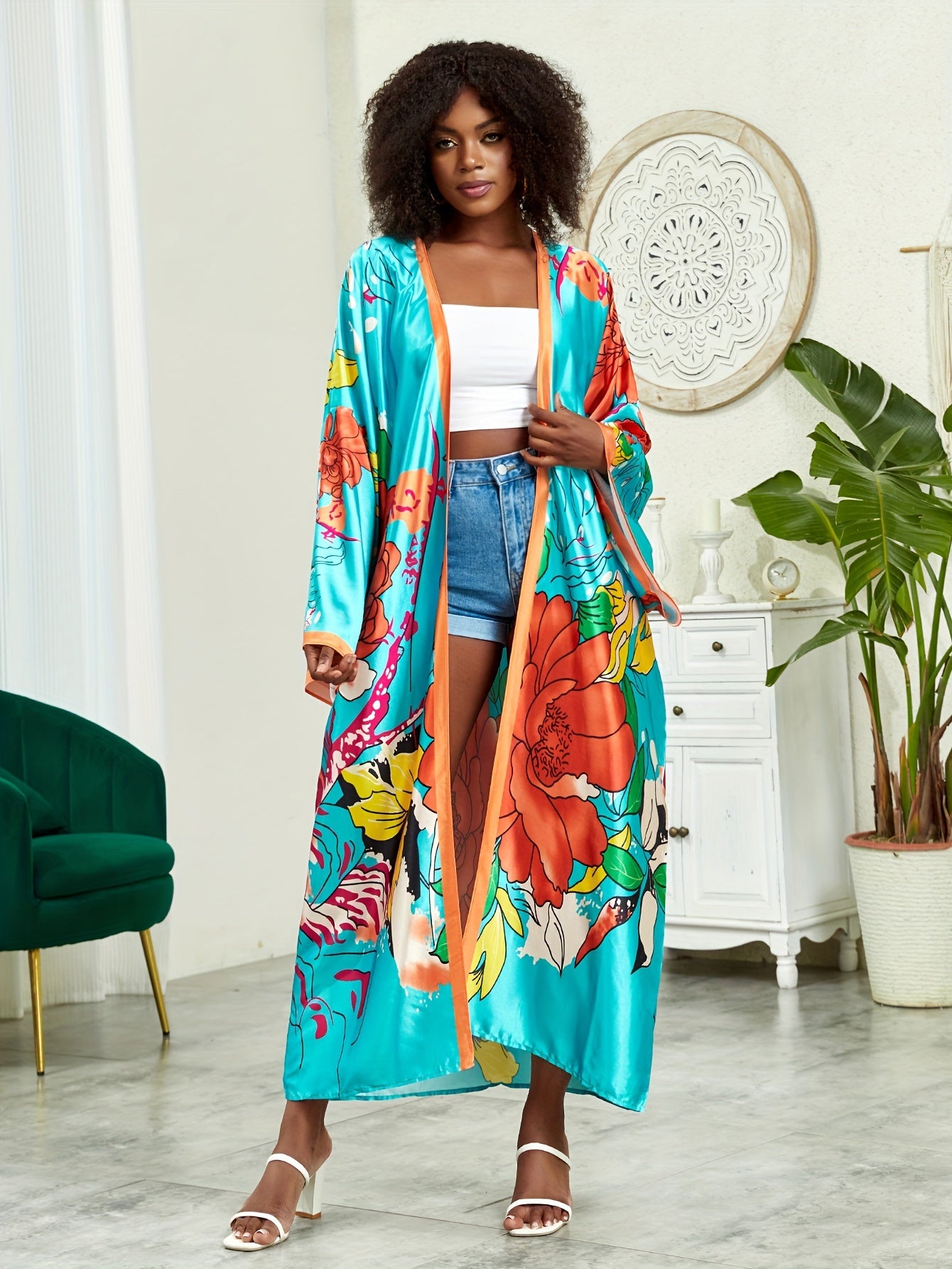 Boho Kimono Women's Plus Lotus Print Open Front Belted Cover Up