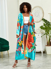 Boho Kimono Women's Plus Lotus Print Open Front Belted Cover Up