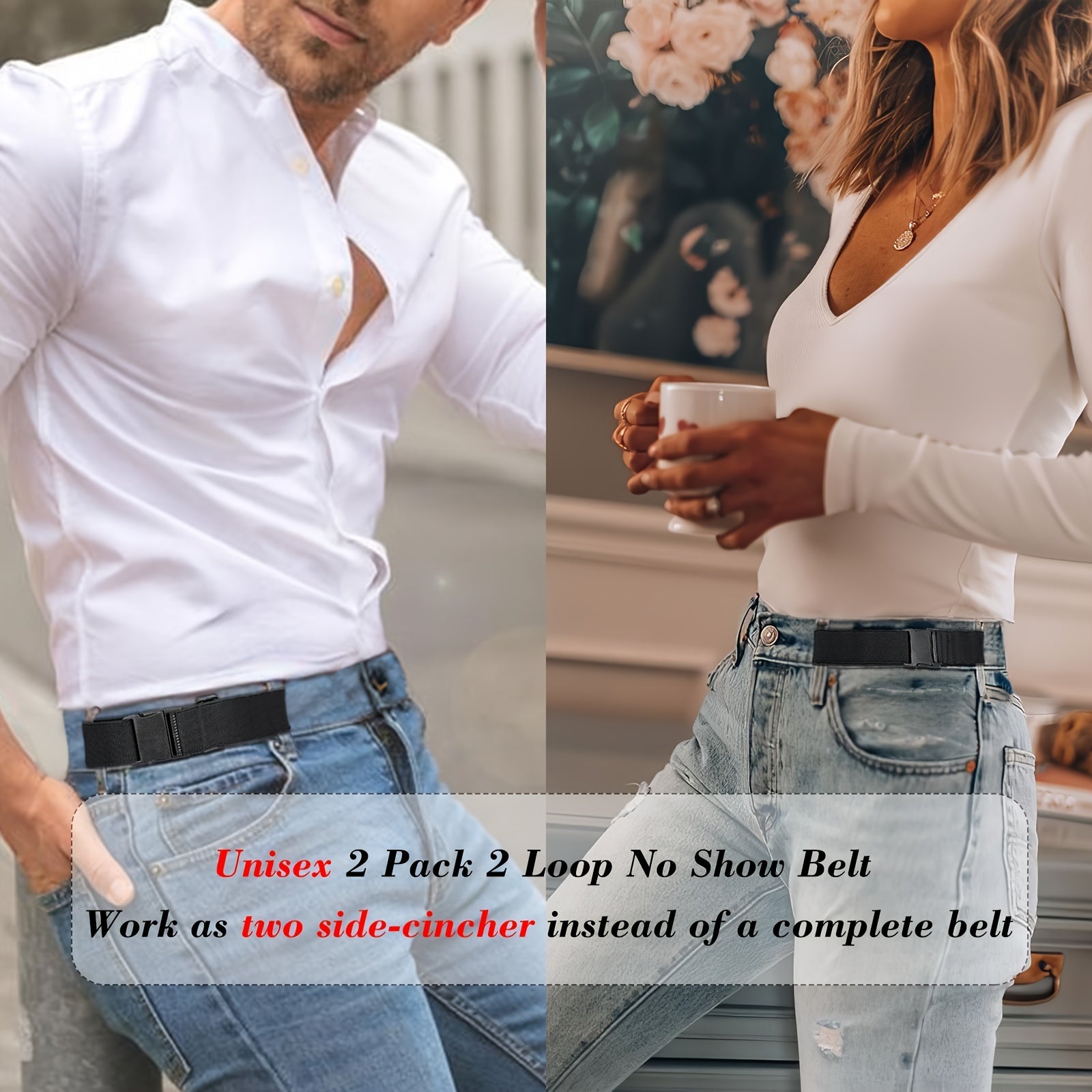 2 Pack Ruicyg No Buckle Elastic Belts For Jeans Invisible Pants Adjuster