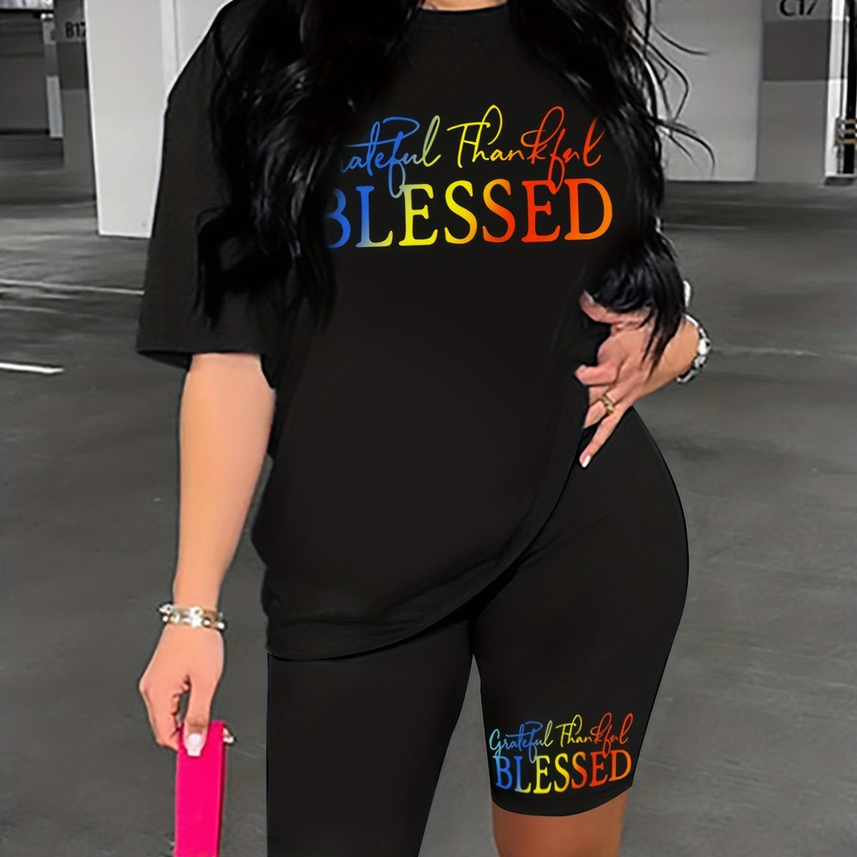 Blessed Print Summer Set Short Sleeve Crew Neck Casual Top & Shorts