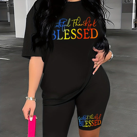 Blessed Print Summer Set Short Sleeve Crew Neck Casual Top & Shorts
