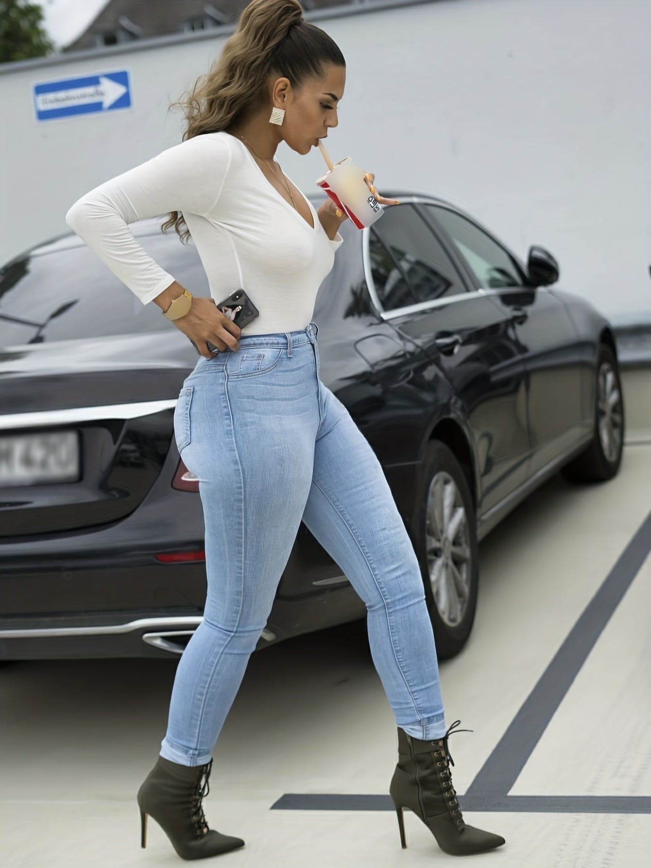  Washed Button Fly Stretch Skinny Jeans