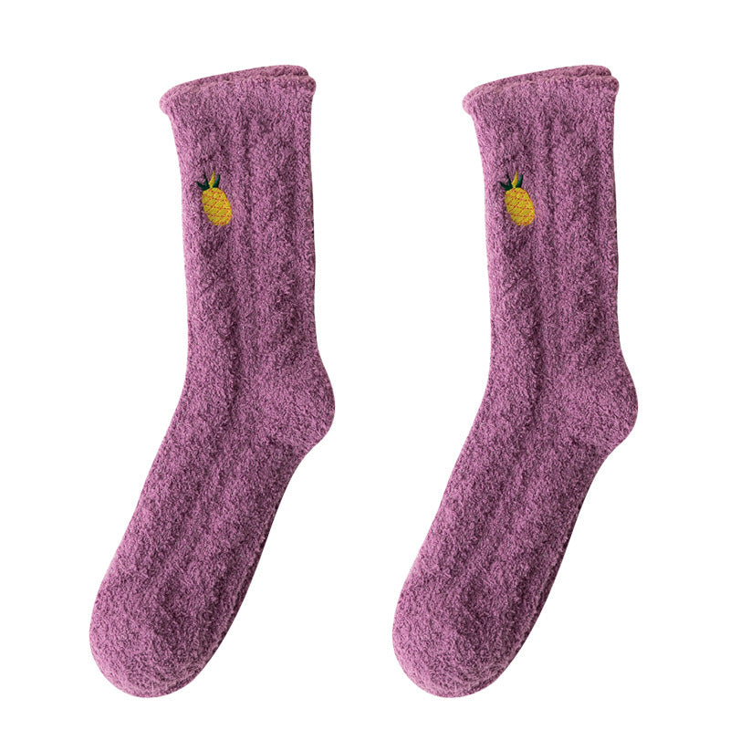 Fruit Embroidered Fuzzy Texture Mid Tube Socks