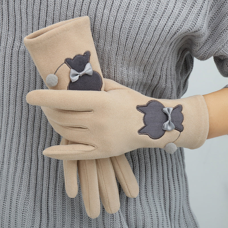 Women's Winter Velvet Gloves Cat Embroidery