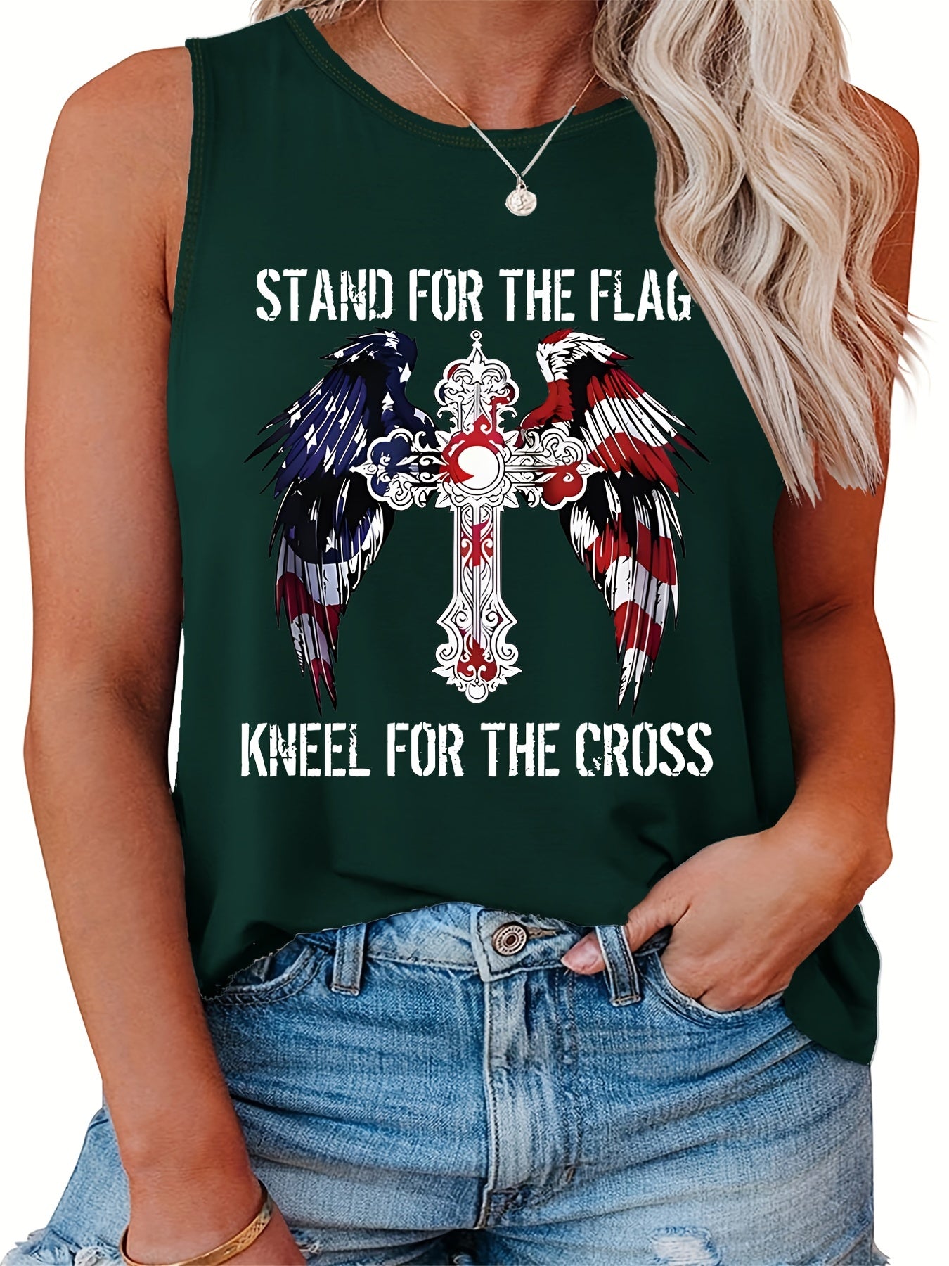  Casual Tank Top Women's Plus Cross & Wing & Slogan Print Round Neck