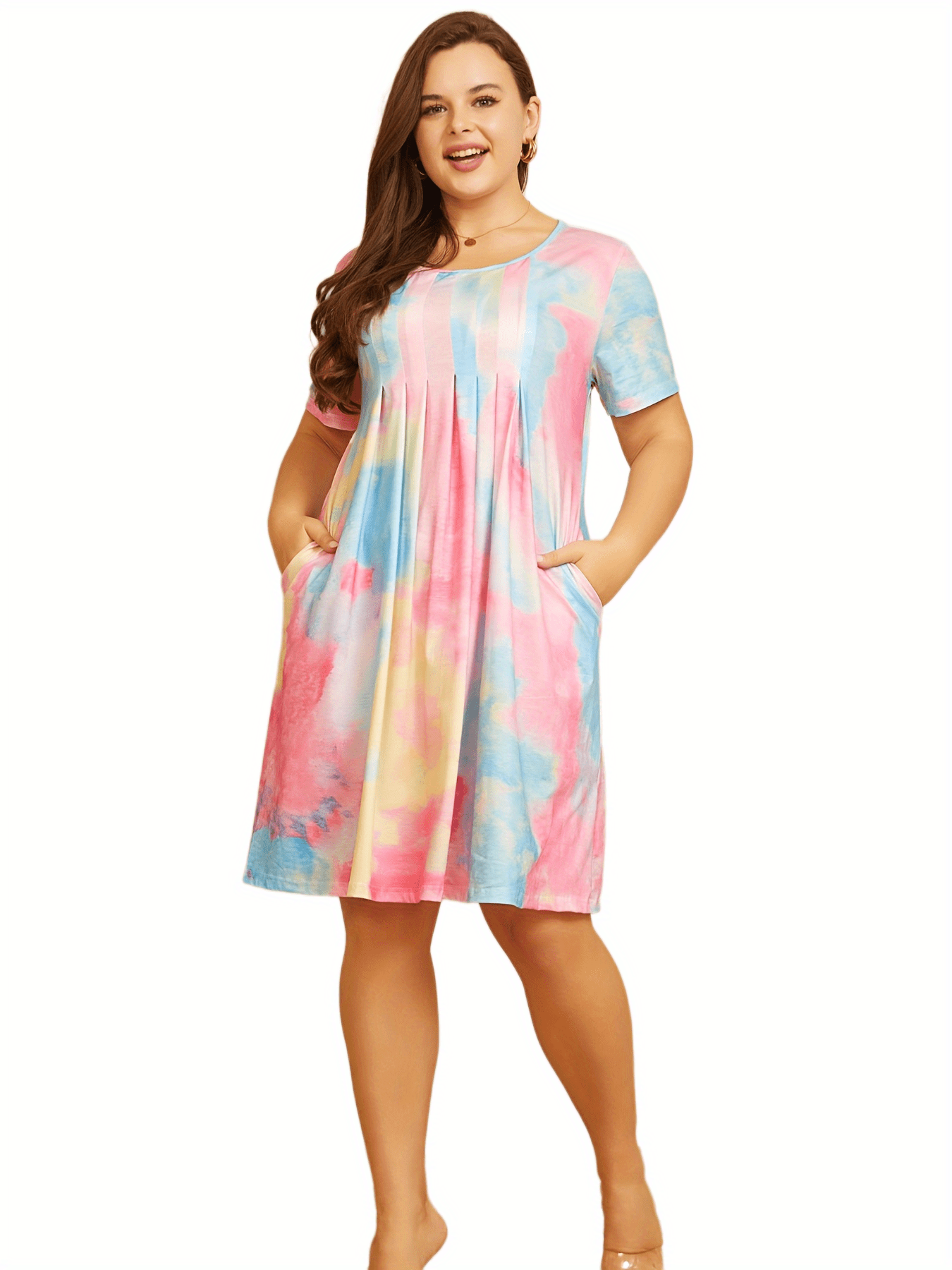  Tie Dye Short Sleeve Pleated Dress With Pockets