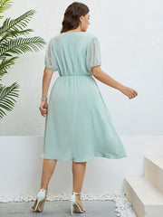  Solid Button Up Mesh Dot Bubble Sleeve Dress