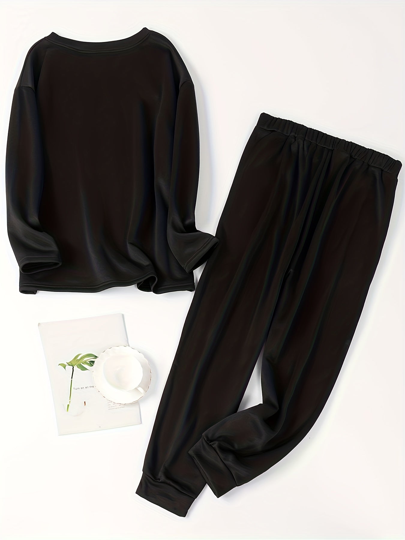 Women's Plus Cat & Slogan Print Fleece Tee & Jogger Pants Set