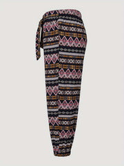  Geometric Print High Rise Tapered Leg Pants With Belt