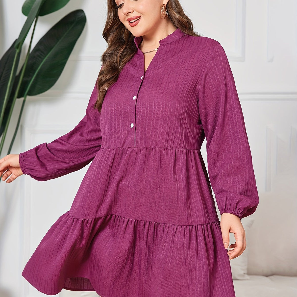 Plus Size Casual Dress Women's Plus Solid Lantern Sleeve Notched Neck