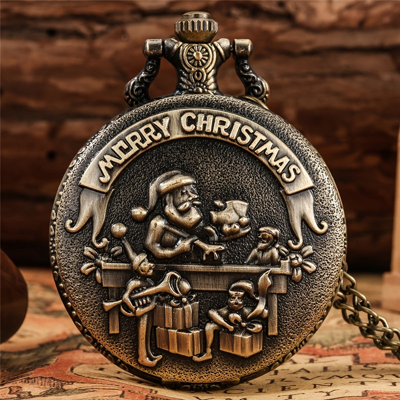 Bronze Santa Claus Merry Christmas Theme Quartz Pocket Watch