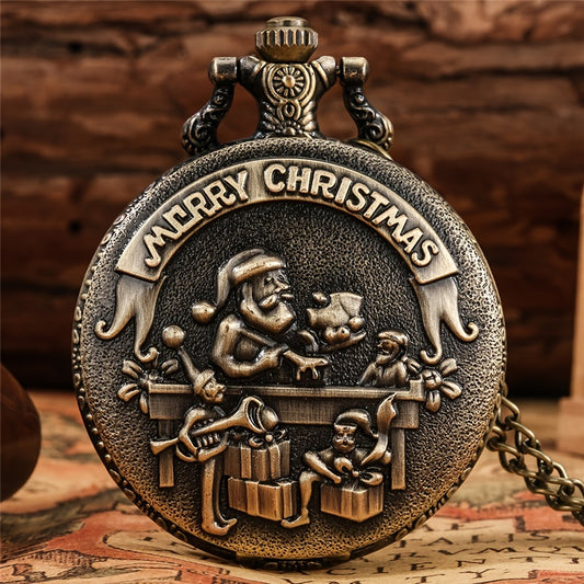 Bronze Santa Claus Merry Christmas Theme Quartz Pocket Watch